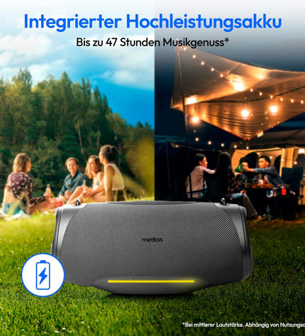 Medion 50077074 speakers, electronic audio and Hi-Fi equipment, showing sleek black design with speaker grilles and control knobs.