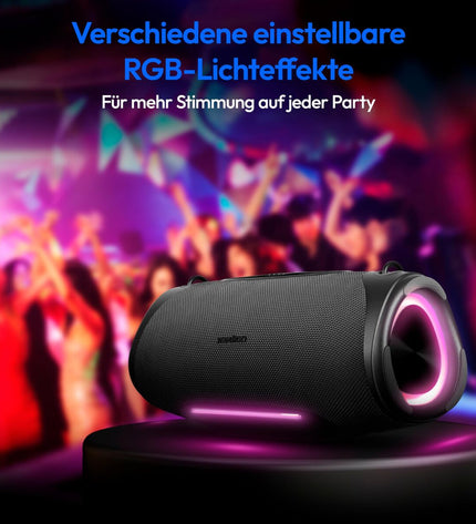 Medion 50077074 speakers showing black rectangular design with control buttons and connections for high-quality audio.