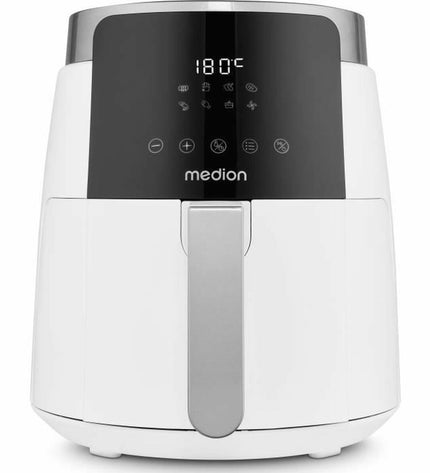 Medion white deep fryer for home cooking, compact electric kitchen appliance with a sleek design and removable basket.