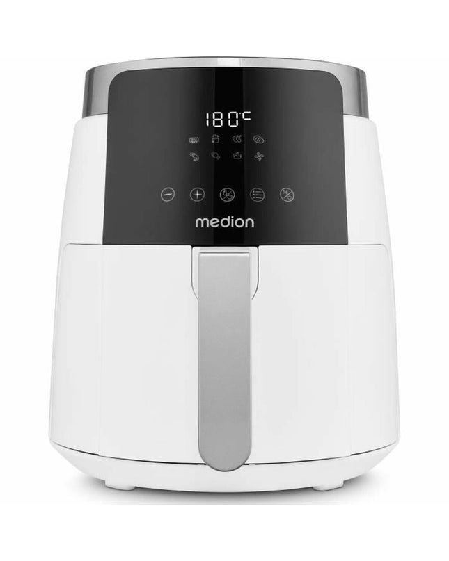 Medion white deep fryer for home cooking, compact electric kitchen appliance with a sleek design and removable basket.