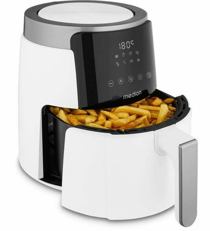 Medion white deep fryer for home cooking, compact electric kitchen appliance with digital controls and basket in a modern design.