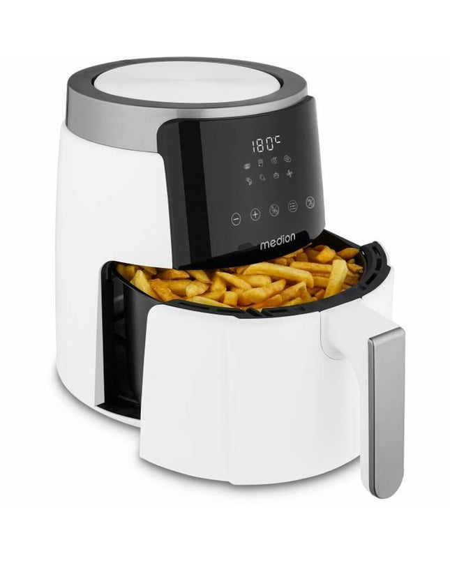 Medion white deep fryer for home cooking, compact electric kitchen appliance with digital controls and basket in a modern design.