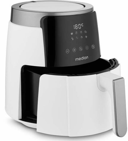 Medion white deep fryer for home cooking, compact electric kitchen appliance with digital controls and a removable frying basket.