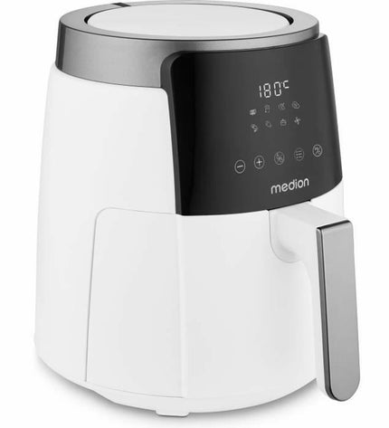 Medion white deep fryer for home kitchen use, compact electric appliance with control panel and basket for frying food.