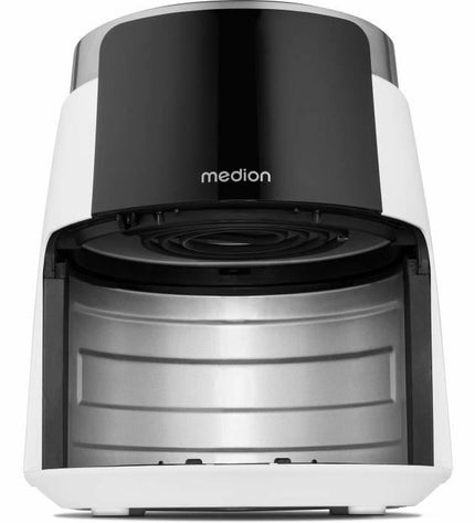 Medion white deep fryer for home cooking, compact electric kitchen appliance with digital controls and stainless steel basket.