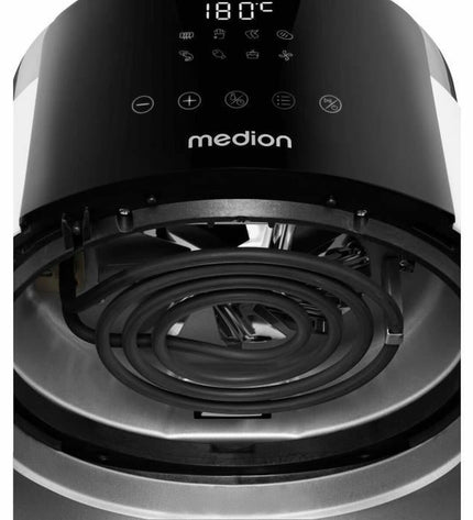 Medion white deep fryer for home cooking, compact electric kitchen appliance with a sleek design and control panel