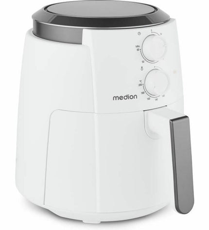 Medion white deep fryer for home cooking, compact electric kitchen appliance with digital controls on a white background.