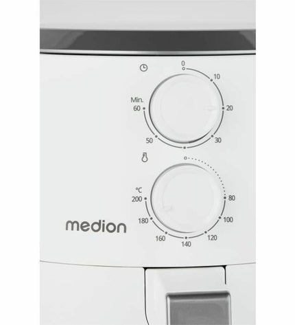 Medion white deep fryer for home cooking, compact electric kitchen appliance with sleek design.