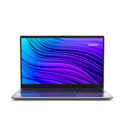 Medion MD62644 15.6-inch laptop with Intel Celeron N100 processor, 4GB RAM, and 128GB SSD showing a sleek design.