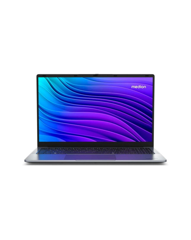 Medion MD62644 15.6-inch laptop with Intel Celeron N100 processor, 4GB RAM, and 128GB SSD showing a sleek design.