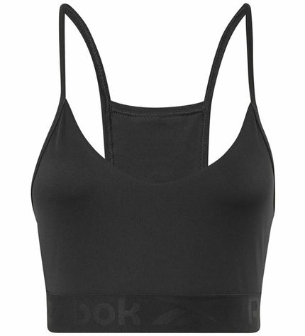 Reebok black sporty strappy bra for cycling and outdoor activities, featuring supportive design and comfortable fit.