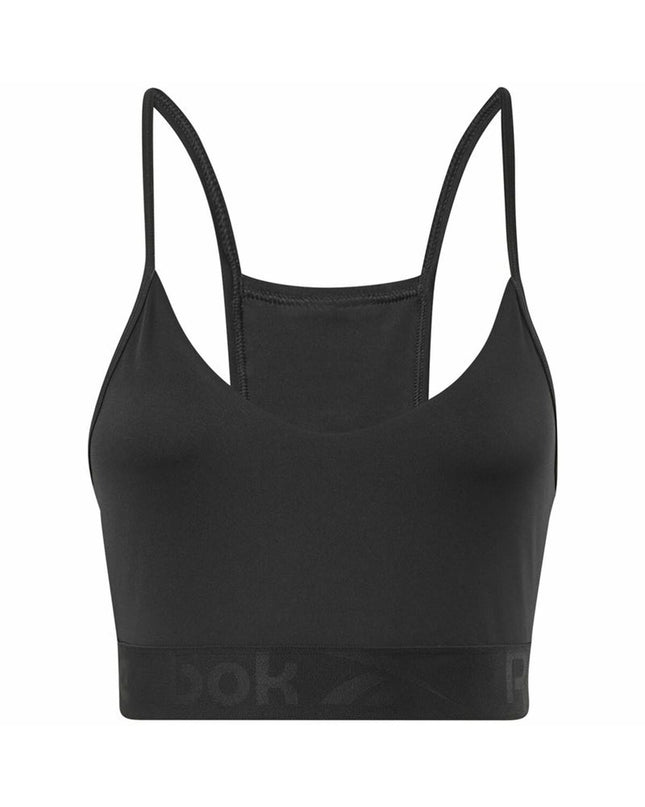 Reebok black sporty strappy bra for cycling and outdoor activities, featuring supportive design and comfortable fit.