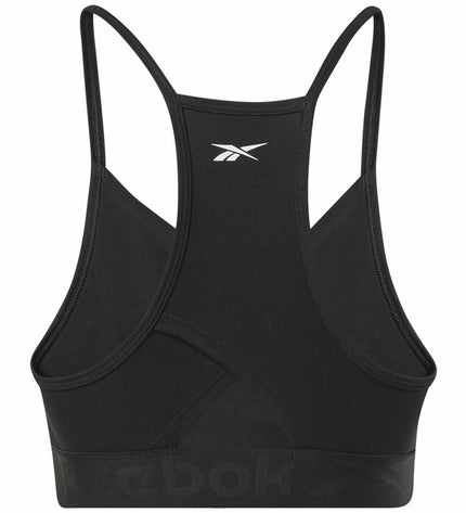 Reebok black strappy sports bra designed for cycling and outdoor activities, with supportive straps and breathable fabric.