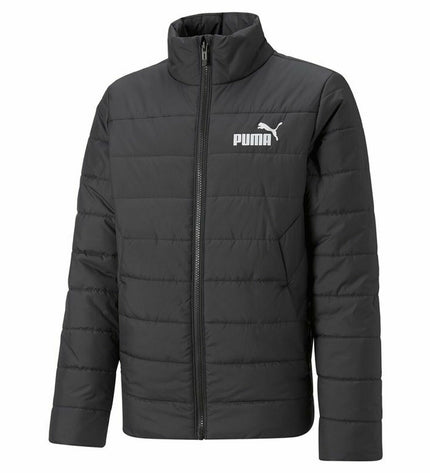 Children's Puma Essentials padded sport jacket in black, designed for outdoor activities and active wear, with a sporty style.