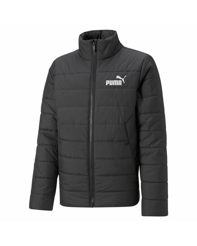Children's Puma Essentials padded sport jacket in black, designed for outdoor activities and active wear, with a sporty style.