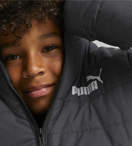 Kids' Puma Essentials padded sport jacket in black, designed for outdoor and active wear, with a lightweight, insulated look.