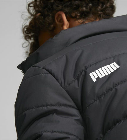 Kids' Puma Essentials padded sport jacket in black, suitable for outdoor activities and sports, with a sleek, insulated design.