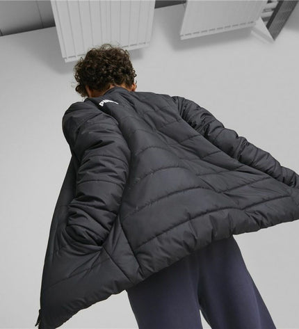 Kids' Puma Essentials padded sport jacket in black, designed for outdoor activities and active wear, with a sleek sporty look.