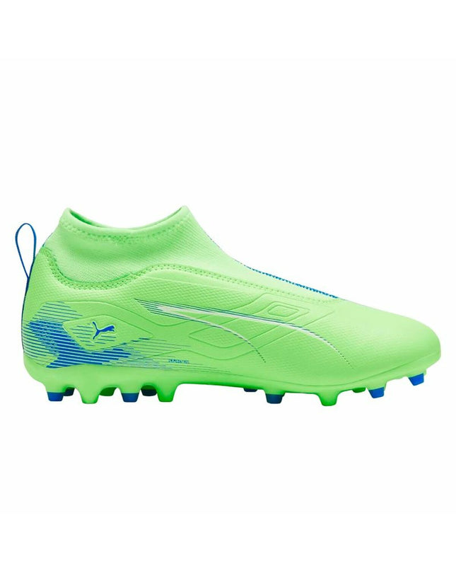Puma Ultra 5 Match+ LL Mg green soccer cleats for outdoor football, lightweight sport footwear with textured upper design.