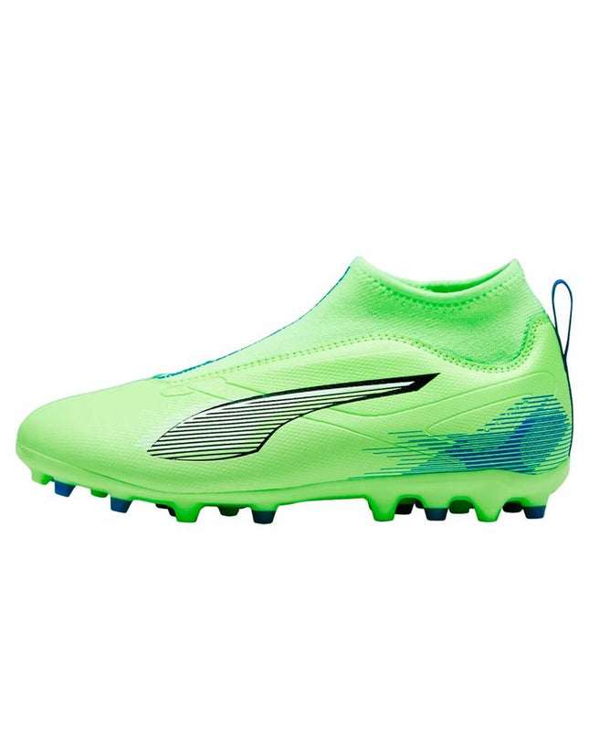 Puma Ultra 5 Match+ Ll Mg green football cleats for sport and outdoor soccer, featuring lightweight design and textured sole.