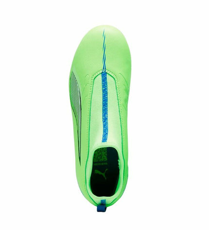 Puma Ultra 5 Match+ Ll Mg green football shoes for outdoor soccer, sporty design, synthetic upper, and studded outsole.