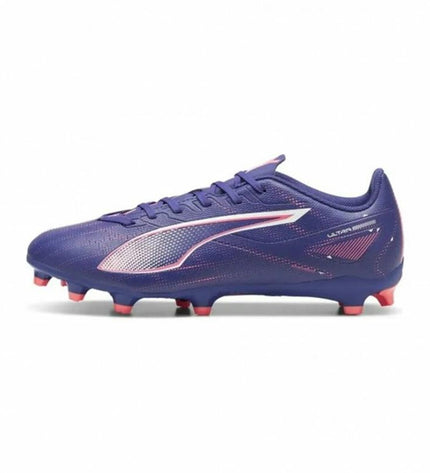 Puma Ultra 5 Play Mg purple football cleats for kids, sport and outdoor soccer shoes with firm ground studs.