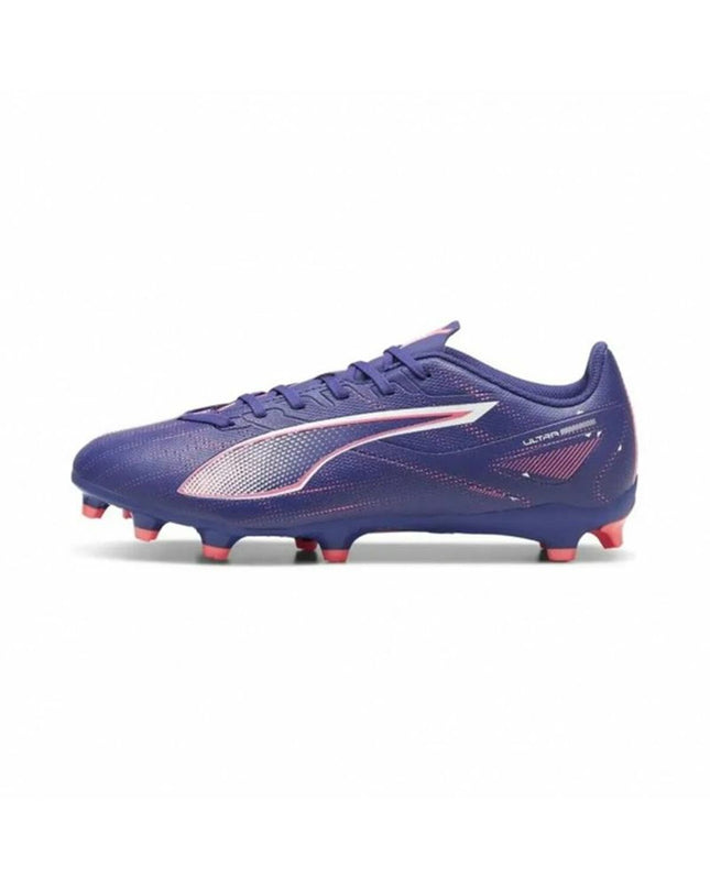 Puma Ultra 5 Play Mg purple football cleats for kids, sport and outdoor soccer shoes with firm ground studs.