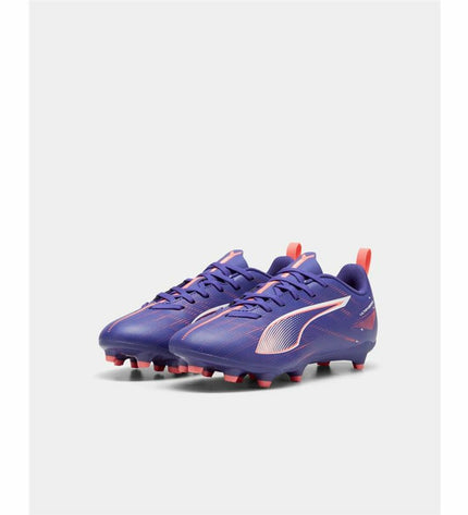 Purple Puma Ultra 5 Play FG/AG soccer cleats for kids, designed for outdoor and football play, with a sleek sporty look.