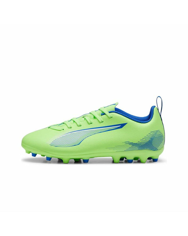 Yellow Puma Ultra 5 Play MG football boots for kids, designed for outdoor soccer with a lightweight sport and outdoor style.