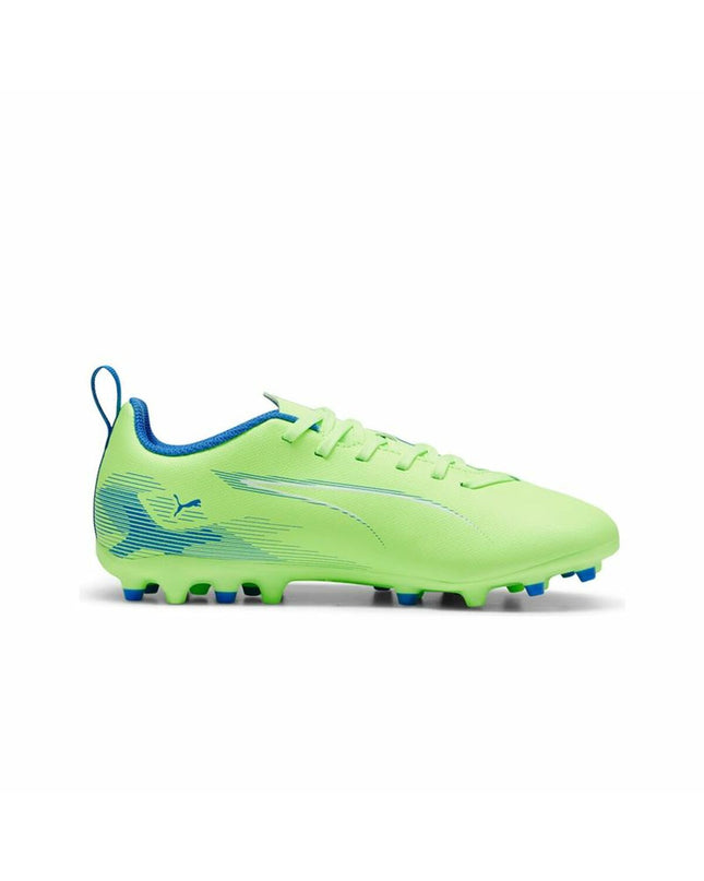Puma Ultra 5 Play Mg yellow football cleats, sport outdoor soccer shoes with lightweight design and textured sole for optimal grip.