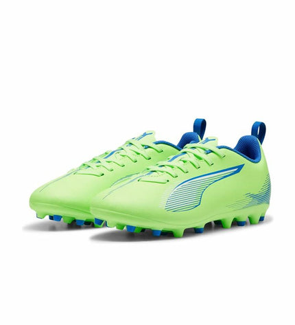 Yellow Puma Ultra 5 Play Mg soccer cleats for kids, designed for outdoor football, with lightweight and durable sole.