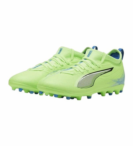 Yellow Puma Ultra 5 Match Mg football shoes for kids, sport and outdoor soccer footwear with a sleek design.