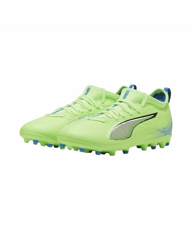 Yellow Puma Ultra 5 Match Mg football shoes for kids, sport and outdoor soccer footwear with a sleek design.