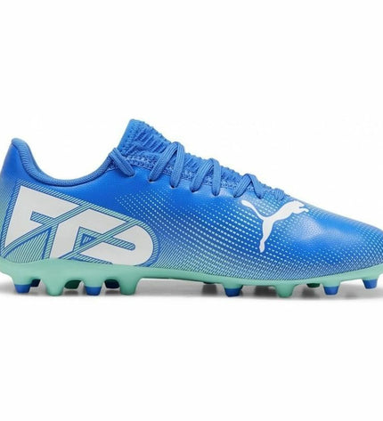 Puma Future 7 Play Mg blue football shoes for kids, sport and outdoor, featuring synthetic upper and rubber outsole.