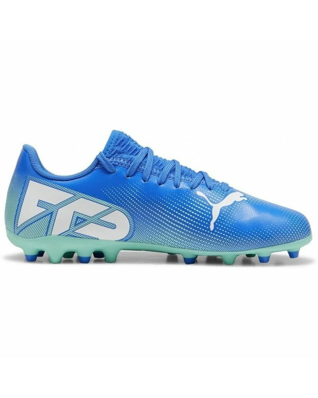 Puma Future 7 Play Mg blue football shoes for kids, sport and outdoor, featuring synthetic upper and rubber outsole.