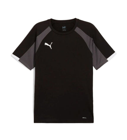 Puma men's black short-sleeve football T-shirt with logo, designed for sport and outdoor football activities.