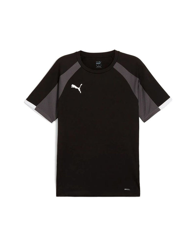 Puma men's black short-sleeve football T-shirt with logo, designed for sport and outdoor football activities.