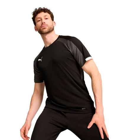 Black Puma Individual Liga men's soccer T-shirt with short sleeves, sporty design, suitable for outdoor football activities.
