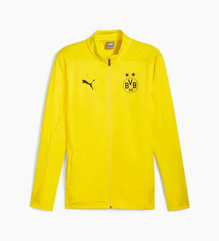 Yellow Puma Borussia Dortmund men's sports jacket, sport and outdoor clothing, front view with logo and zipper details.
