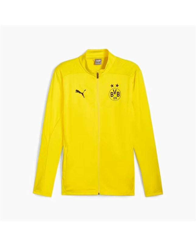 Yellow Puma Borussia Dortmund men's sports jacket, sport and outdoor clothing, front view with logo and zipper details.