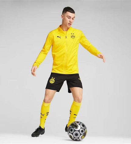 Yellow Puma Borussia Dortmund men's sports jacket, outdoor sportswear with team logo, casual athletic style.