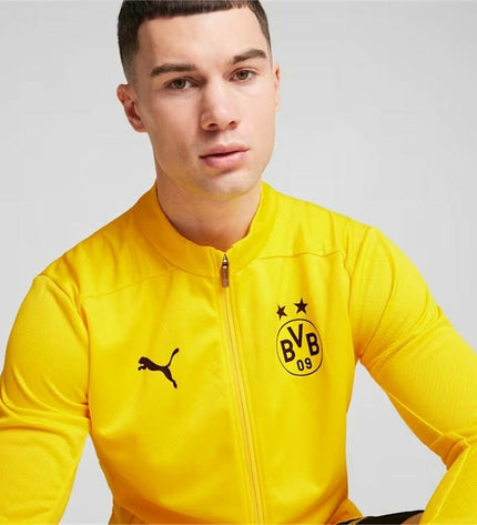 Yellow Puma Borussia Dortmund men's sports jacket for outdoor activities, sporty outdoor clothing, front view with team logo visible