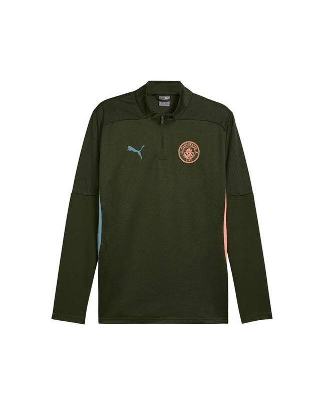 Olive green Puma Manchester City 24/25 training sweatshirt for adults, sports and outdoor football apparel, front view.