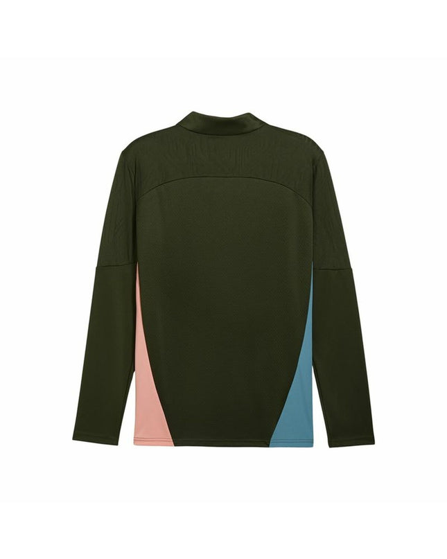 Olive green Puma Manchester City training sweatshirt for adults, sport and outdoor football apparel with team logo and branding.