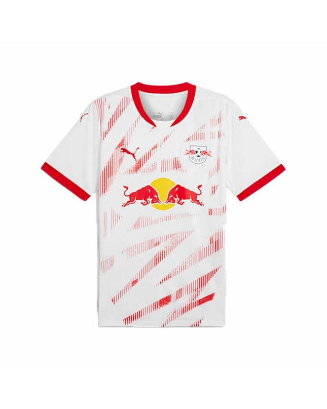 Puma RB Leipzig men's short-sleeve football T-shirt, sporty outdoor soccer shirt with team logo and red and black design.