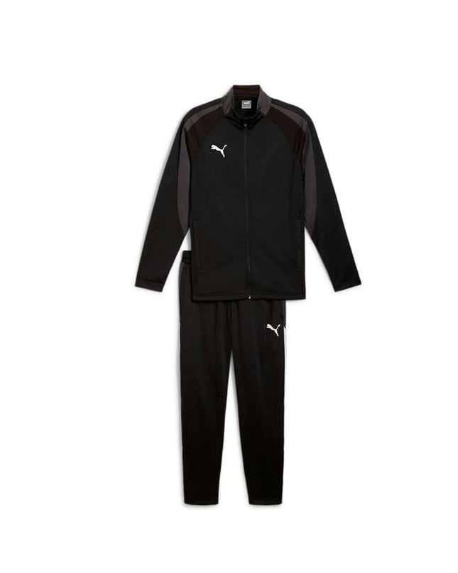 Adult Puma Individualliga black football training suit, sport and outdoor gear, with jacket and pants, designed for soccer players.