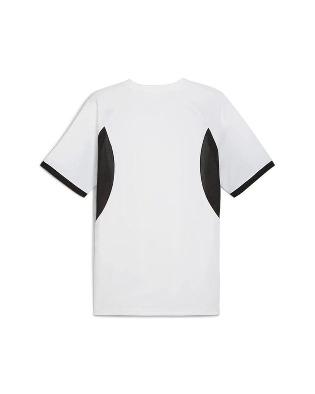 White Puma men's football T-shirt with short sleeves, sporty design, ideal for outdoor soccer activities.