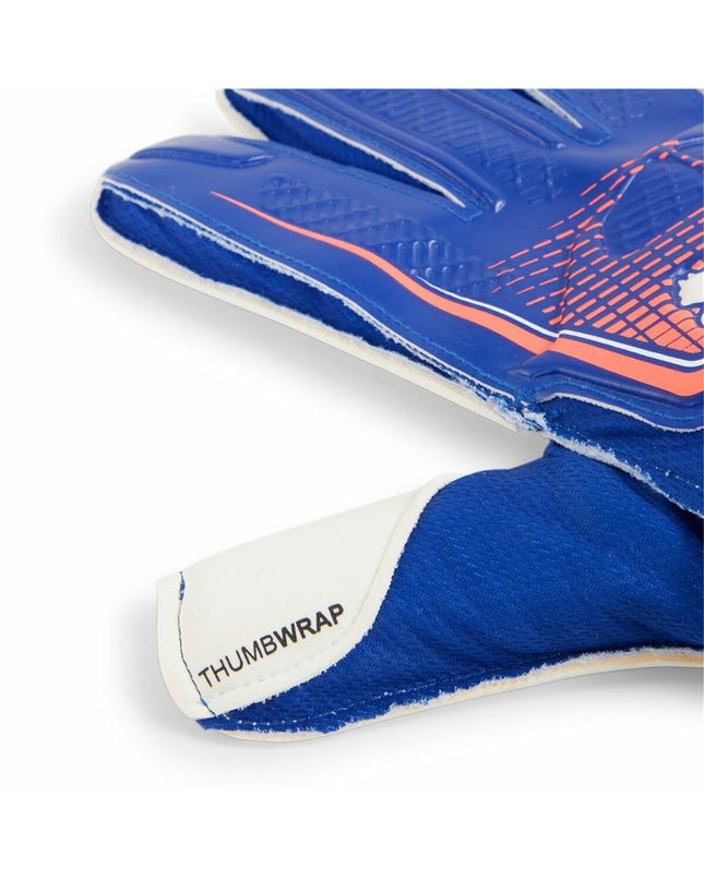 Blue Puma Ultra Play RC goalkeeper gloves with multicolor accents, designed for adult soccer and outdoor sports.