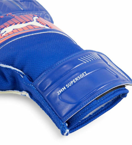Puma Ultra Play Rc blue multicolour goalkeeper gloves for adults, designed for soccer and outdoor sports.
