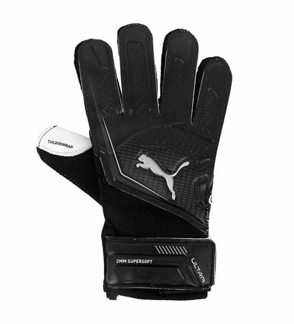 Puma Ultra Play RC goalkeeper gloves in black for adults, designed for soccer and outdoor sports.